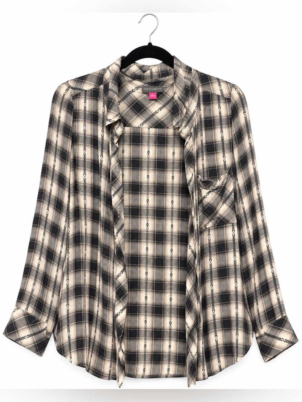 Vince Camuto Black and Cream Plaid Button-Down Shirt